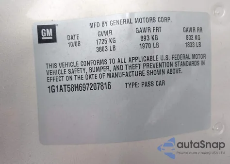 2009 Chevrolet Cobalt Lt z USA, uszkodzony, nr VIN 1G1AT58H697207816